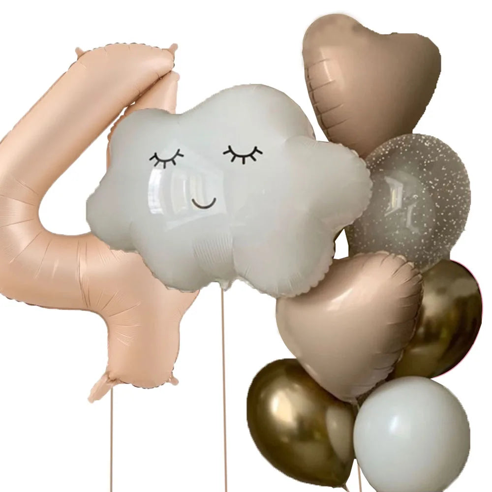 11pcs White Smile Cloud Aluminum Foil Balloons Set 32inch Caramel Helium Number Birthday Party Kids Baby Shower Decorations