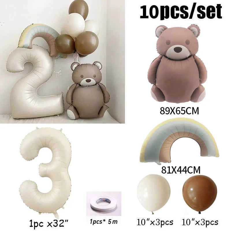 10pcs Cream Number Bear Rainbow Foil Balloons Happy Birthday Party Decorations Kids Girl Boy 1 2 3 4 5 6 7 8 9 Year Old Supplies