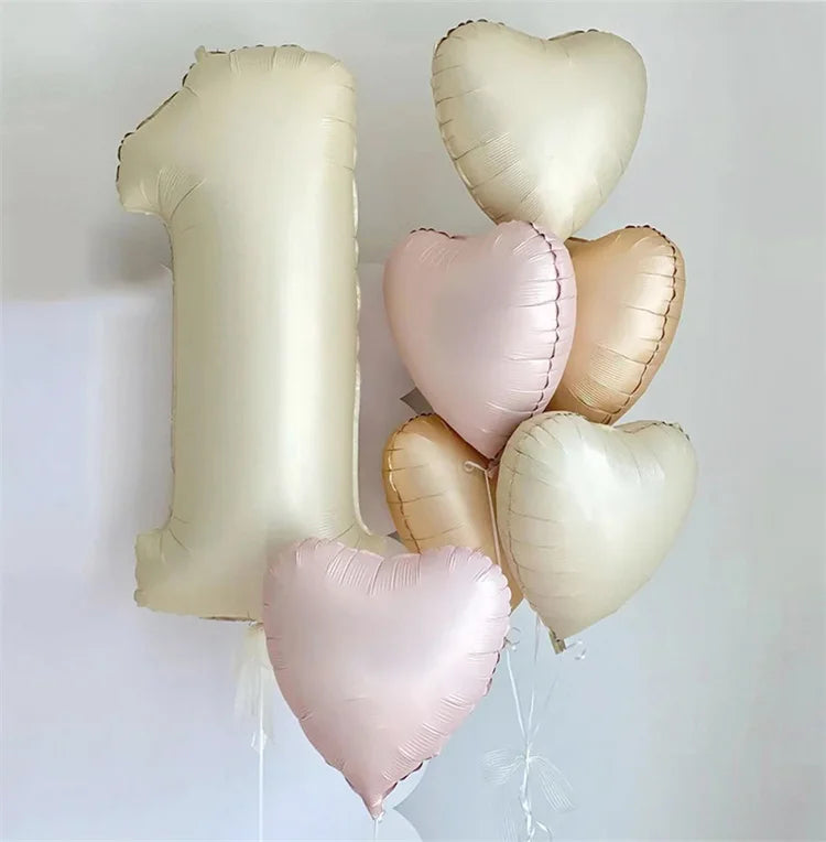 8pcs Cream Color Number Heart Foil Balloons Happy Birthday Party Decorations Kids Girl Boy 1 2 3 4 5 6 7 8 9 Year Old Supplies