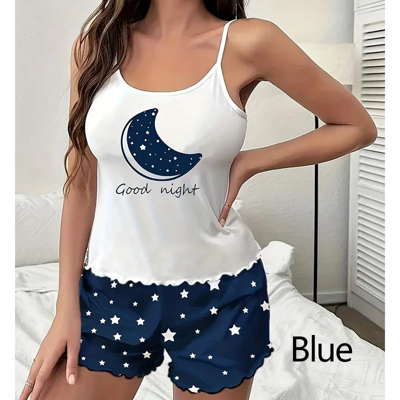 2 PCS Women Pajama Sleepwear Pajama Set Short-Sleeved Shorts Suit S M L Blue Moon Star Print Ventilate Soft Comfort Home Leisure