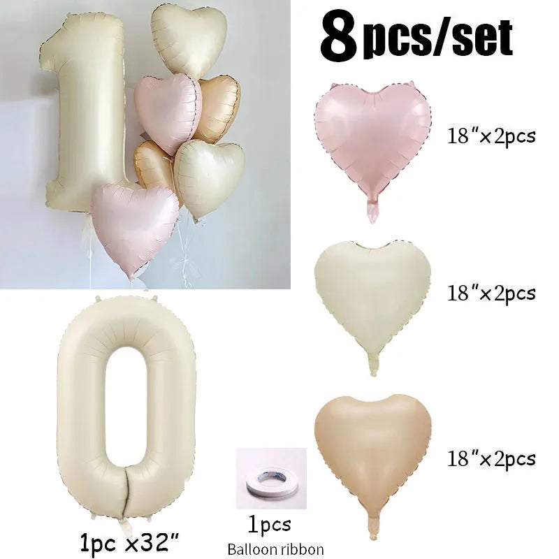 8pcs Cream Color Number Heart Foil Balloons Happy Birthday Party Decorations Kids Girl Boy 1 2 3 4 5 6 7 8 9 Year Old Supplies