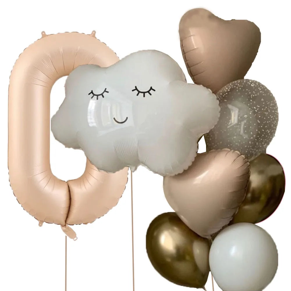 11pcs White Smile Cloud Aluminum Foil Balloons Set 32inch Caramel Helium Number Birthday Party Kids Baby Shower Decorations