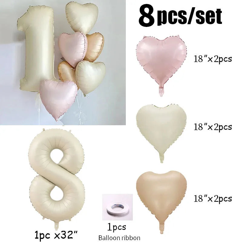 8pcs Cream Color Number Heart Foil Balloons Happy Birthday Party Decorations Kids Girl Boy 1 2 3 4 5 6 7 8 9 Year Old Supplies