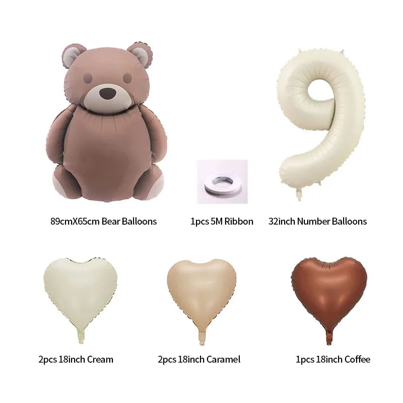 8pcs Cream Number Bear Heart Foil Balloons 3rd Birthday Party Decorations Kids Girl Boy Baby 1 2 3 4 5 6 7 8 9 Year Old Supplies