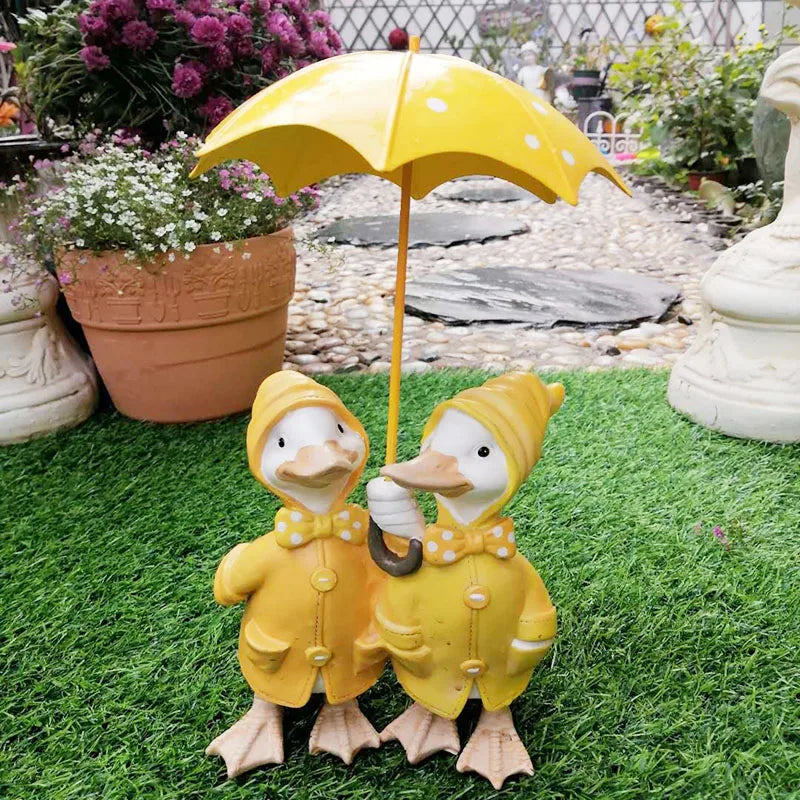 Nordic Umbrella Couple Ducks Resin Statue Ornaments Outdoor Garden Courtyard Figurines Villa Balcony Accessories Decoration